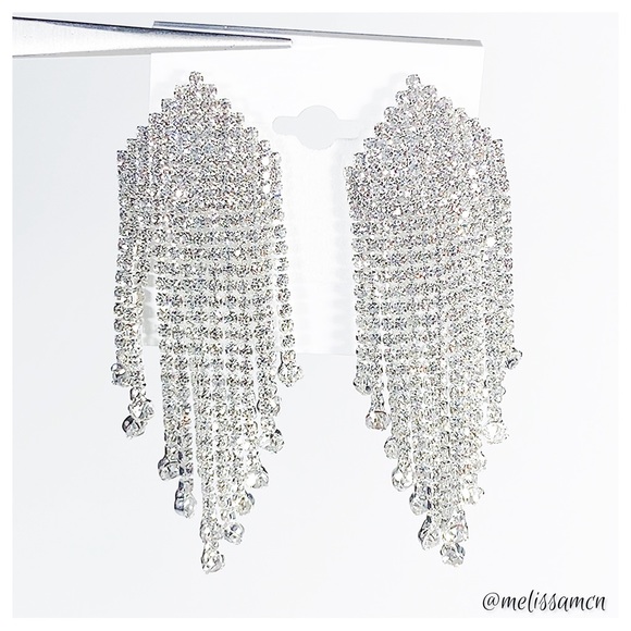 Wide Rhinestone Fringe Clip Formal Statement Earrings - Picture 5 of 6